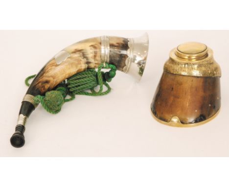 An Edwardian brass mounted horses foot inkwell with liner, width 14cm together with a hunting horn with plated mounts (2)    