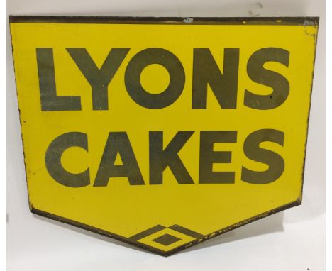 Two double sided advertising signs, the first in enamel for 'Lyons Cakes', 39.5cm x 44.5cm, the second in tin for Wall's (ice