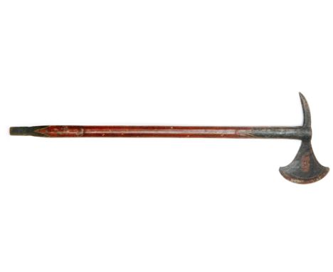 A late 18th or early 19th Century painted horse drawn insurance axe with decorated character to blade, wooden shaft, length 1