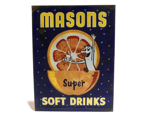 An enamel advertising sign 'Masons Super Soft Drinks', yellow lettering against a blue bubble ground with an orange fruit in 