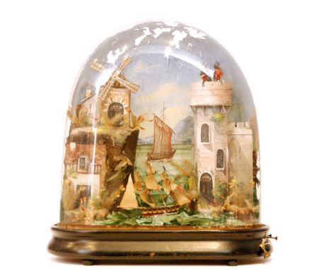 A 19th Century rocking ship automaton with musical movement playing two airs connected to the pulley and cord turning the sai