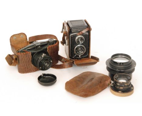 A Rolleicord 120mm camera No 623954 with 1:45, f=75cm lens in leather case together with a Photax 35mm camera and two separat