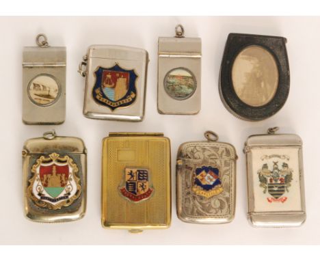 Eight assorted late 19th and early 20th Century vesta cases comprising five with enamel two crests for Northampton, Blackpool