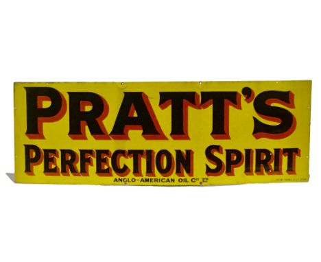 A large enamel advertising sign for Pratt's Perfection Spirit with black and red shadow letting over a yellow ground with 'An