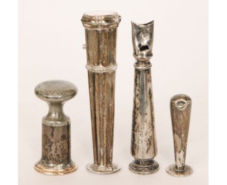 A George III silver ribbed seal end tamper with push button top (lacking tools), height 10cm together with a similar silver t