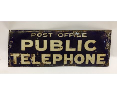 A large enamel advertising sign 'Post Office Public Telephone', white lettering against a blue ground, marked Willing & Co Lt