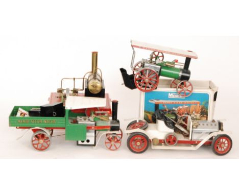 A Mamod spirit fired vintage car, a steam lorry, a steam roller, a traction engine and six stationary engines including two b