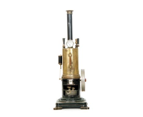 A Bing spirit fired vertical steam engine with brass cylinder and pressure gauge dial, on painted base, height 40cm. 