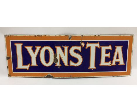 An advertising enamel sign 'Lyons' Tea', white lettering against a blue ground with an orange border edge, 30cm x 90cm, S/D. 