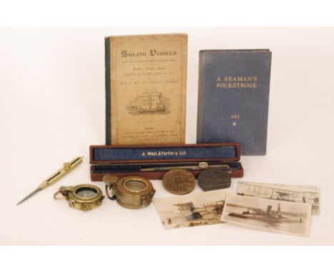 A First World War brass pocket compass 1917, No 95903 a later MK III compass dated 1942 together with two chart dividers one 
