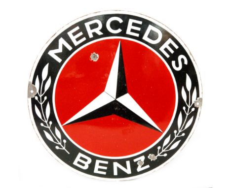 A domed enamel advertising sign for Mercedes Benz in black, red and white, diameter 41cm