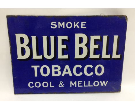 Two double sided wall mounted enamel advertising signs, the first 'Smoke Blue Bell Tobacco Cool & Mellow', 36cm x 57cm, the s