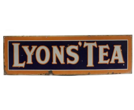 A large advertising enamel sign 'Lyons' Tea', white lettering against a blue ground with an orange border edge, 45cm x 145.5c