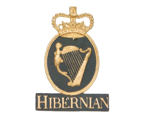 A Hibernian Insurance Company lead fire mark, W13B, repainted harp, name and background, height 27.5cm.   