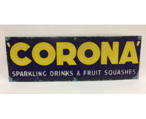 An enamel advertising sign 'Corona Sparkling Drink & Fruits Squashes', yellow and white lettering on blue, 25cm x 76cm.    