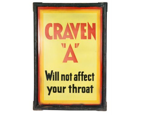 A large enamel advertising sign for 'Craven "A" Will not affect your throat', red and black lettering on a yellow ground, fra