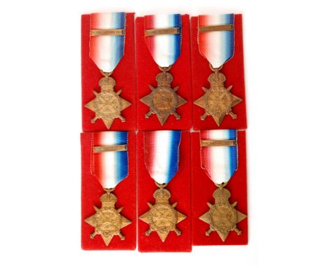 Six First World War Mons Stars to 11387 Pte W. Wetherall 1st Batt Grenadier Guards, 5706 Pte J. Thomas 3rd Batt Worcester Reg