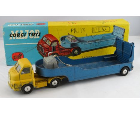 Corgi - no. 1100 Carrimore Low Loader" yellow/blue  no interior  smooth metal hubs  in original box  Condition - some scuffin