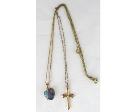An opal triplet pendant, on a chain; & a gilt metal cross pendant on a chain 