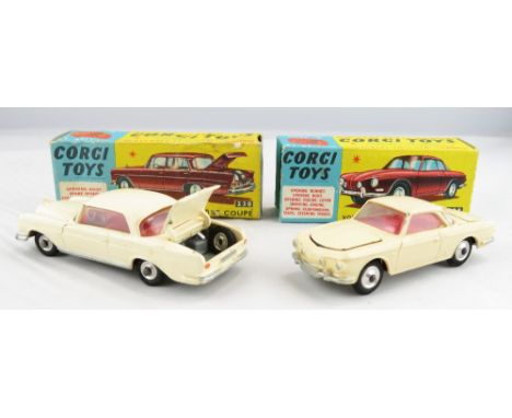 Corgi - 230 Meredes Benz 220 SE Coupe, cream, in original box together with 239 Volkswagen 1500 Karmann Ghia with suitcase & 