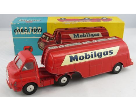 Corgi - no. 1100 mobilgas petrol tanker"  red/white  no interior  flat metal hubs  in original box  Condition - slight paint 
