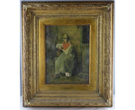 A 19th century print of a seated lady, in a heavy gilt frame stamped J B Madou, 28cm x 21cm 