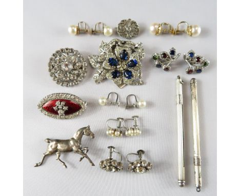 A collection of paste jewellery, comprising a silver enamel & paste brooch in the Edwardian style; a dress clip; a pair of ea