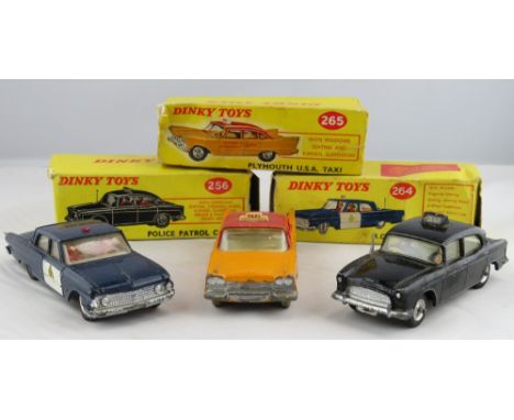 Dinky - 264 RCMP Patrol Car in original box; 265 Plymouth  USA Taxi, in original box & 256 Police Patrol Car, in original box