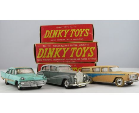 Dinky - 150 Rolls-Royce Silver Wraith, light/dark grey; 192 De Soto Firelit Sedan with windows, turquoise/light brown & 173 N