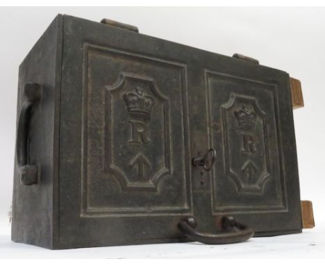 A 19th century cast iron revenue military strong box, with queens crown mark, letter R &amp; military arrow head with swing c