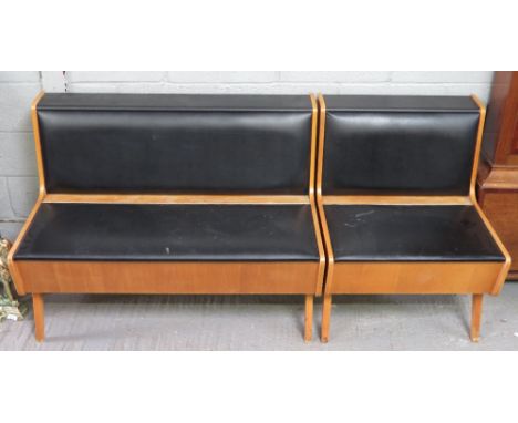 A vintage teak bench & single seat, each covered with a black vinyl cover & lift up seats 