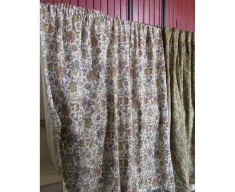 Three pairs of cotton curtains, trailing foliate pattern in the William Morris style, all with gathered pleated heading.  200