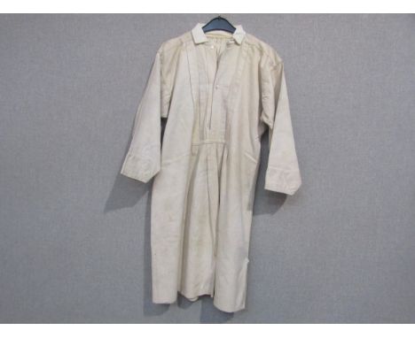Turn of the last Century heavy linen/sailcloth milking tunic, hand stitched, button-through front 