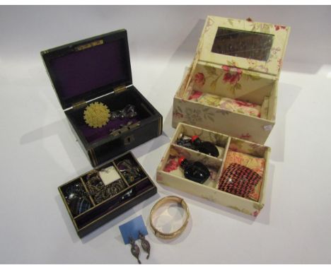 Two jewellery boxes with contents, including plated bangle, brooches etc 
