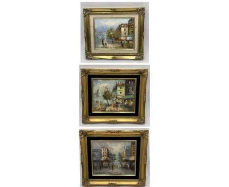 Three small gilt framed acrylic paintings showing Parisian scenes signed, K Springfield, W. Harris and Barnett