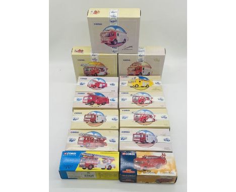 A collection of eleven boxed Corgi "Classic Fire Vehicles" die-cast models including two Nottingham AEC Pump Escape Fire Engi