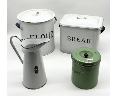A collection of enamel kitchenalia including bread bin, flour bin, jug etc. 