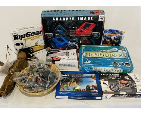 A collection of various toys and games including boxed Electronic Space Laser tag, Top Gear board game, table tennis set, Ind