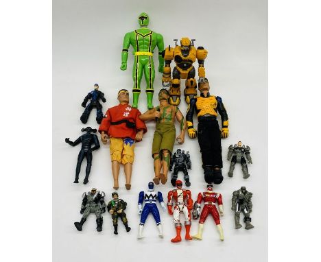 Three vintage Action Man toys (dated 1995 to 1999), along with a selection of toy figurines including Power Rangers