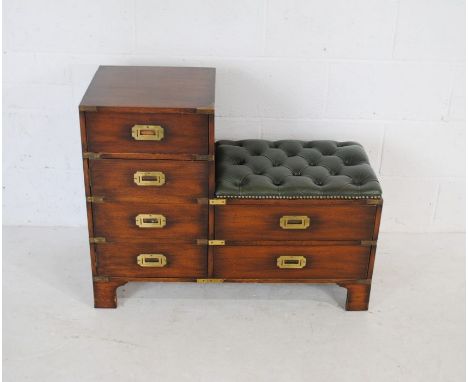 A reproduction telephone table with campaign handles and green leather button seat - length 89cm, depth 38cm, height 71cm