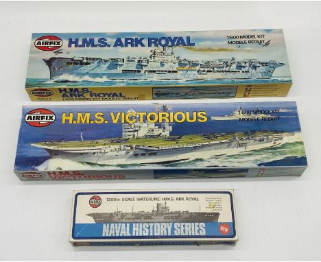 Three boxed Airfix Naval aircraft carriers plastic model kits including H.M.S Victorious, H.M.S Ark Royal (both 1:600 scale) 