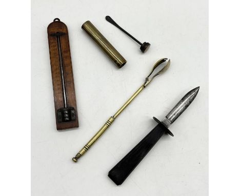 A Butler wooden handled knife along with a brass spoon in case, Ballard thermometer etc. 