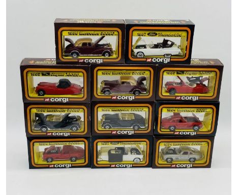 A collection of eleven boxed Corgi "Cars of the 50's" die-cast cars included 1953 Jaguar XK120, 1956 Mercedes 300SC, 1957 For