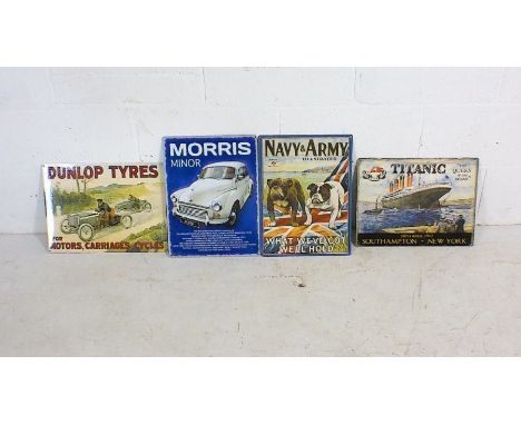 A collection of four retro enamel signs depicting Morris Minor, Navy &amp; Army Illustrated, Dunlop Tyres and Titanic. All si