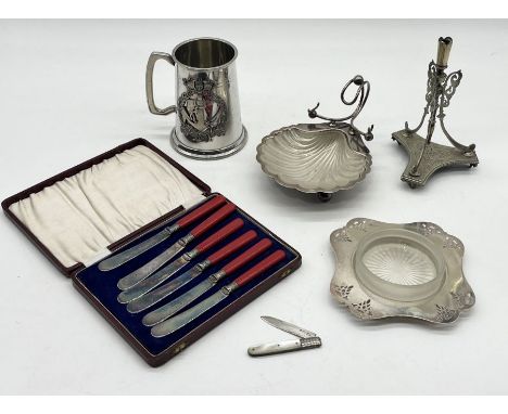 A Georgian silver bladed fruit knife, SCM epergne holder, butter knives etc.
