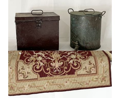 A vintage copper covered urn along with a vintage tin trunk, wall hanging etc. 