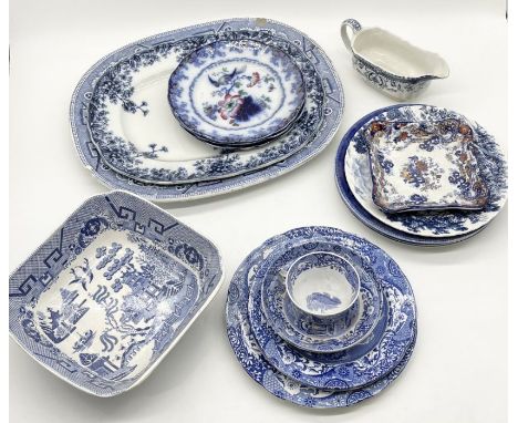 A collection of blue and white china including a number of Spode Blue Italian plates etc. 