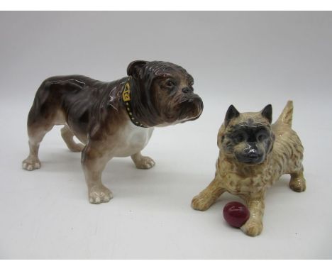 A Beswick Cairn Terrier playing with a ball along with an Alton bone china bulldog