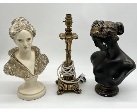 Two plaster female busts along with a vintage gilt table lamp 