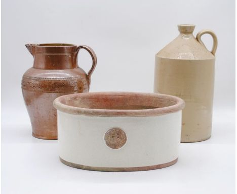 A salt glazed jug along with a stoneware jar and Royal Kew Gardens planter